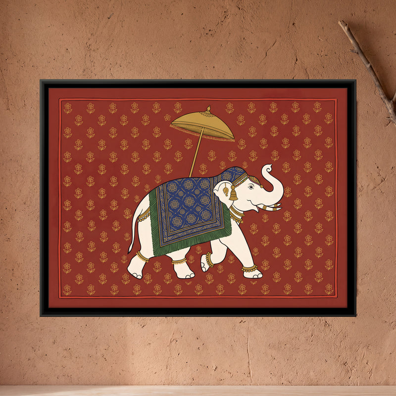 White Elephant with a Golden Parasol - framed canvas art hung on a wall