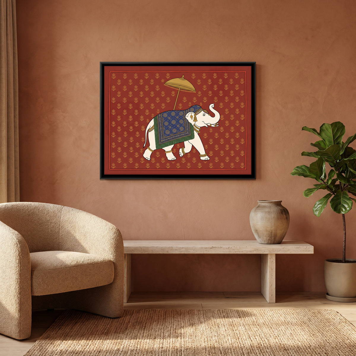 White Elephant with a Golden Parasol - canvas art shown in a styled room