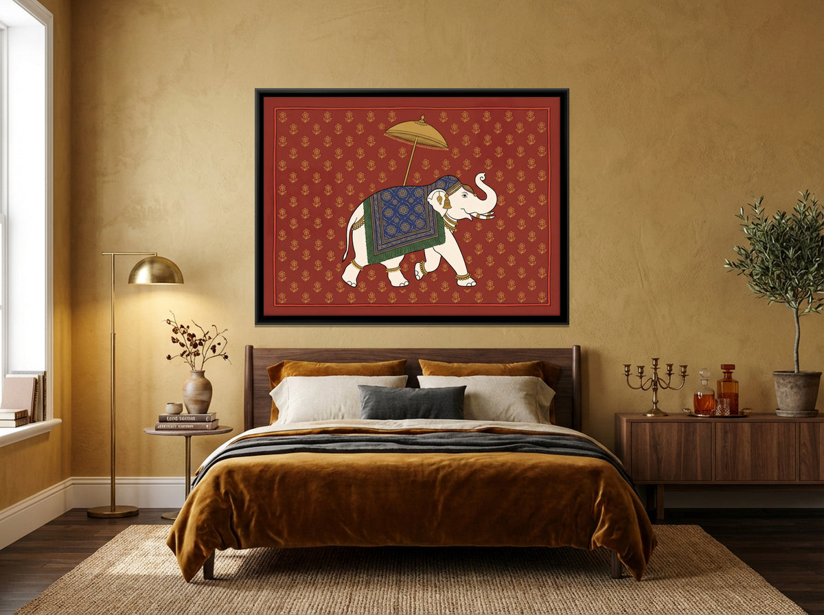 White Elephant with a Golden Parasol - canvas art shown in a second room setting