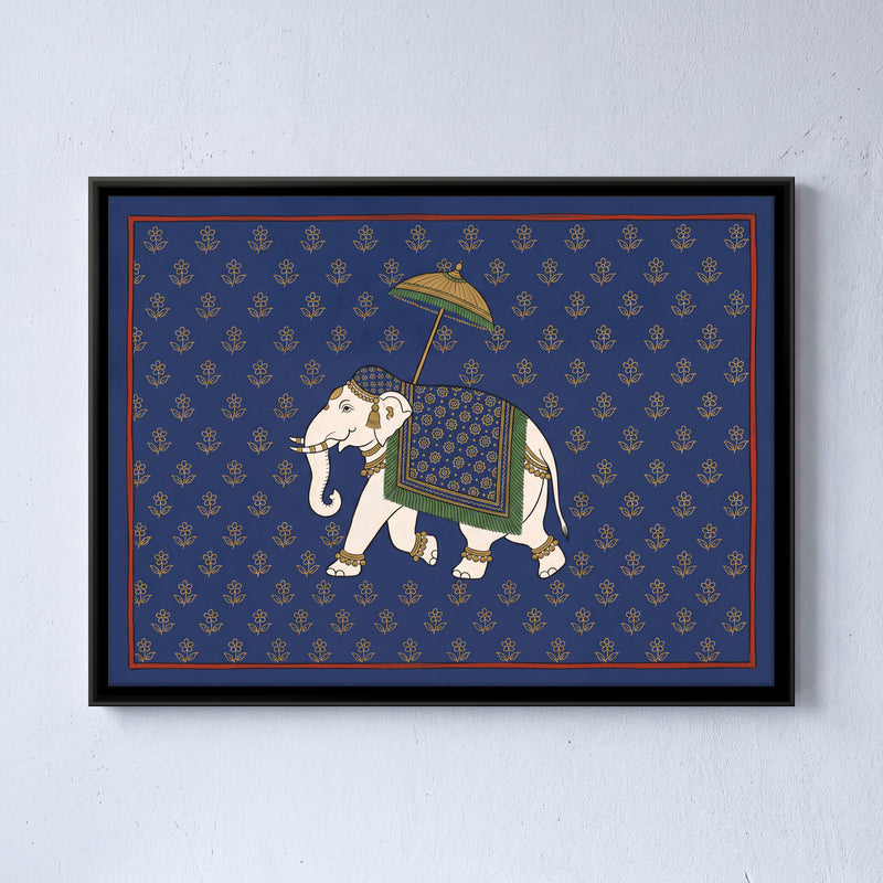 Elephant Under a Parasol - framed canvas art hung on a wall