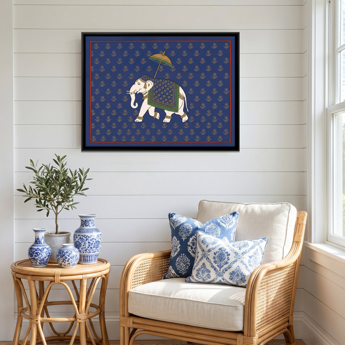 Elephant Under a Parasol - canvas art shown in a styled room