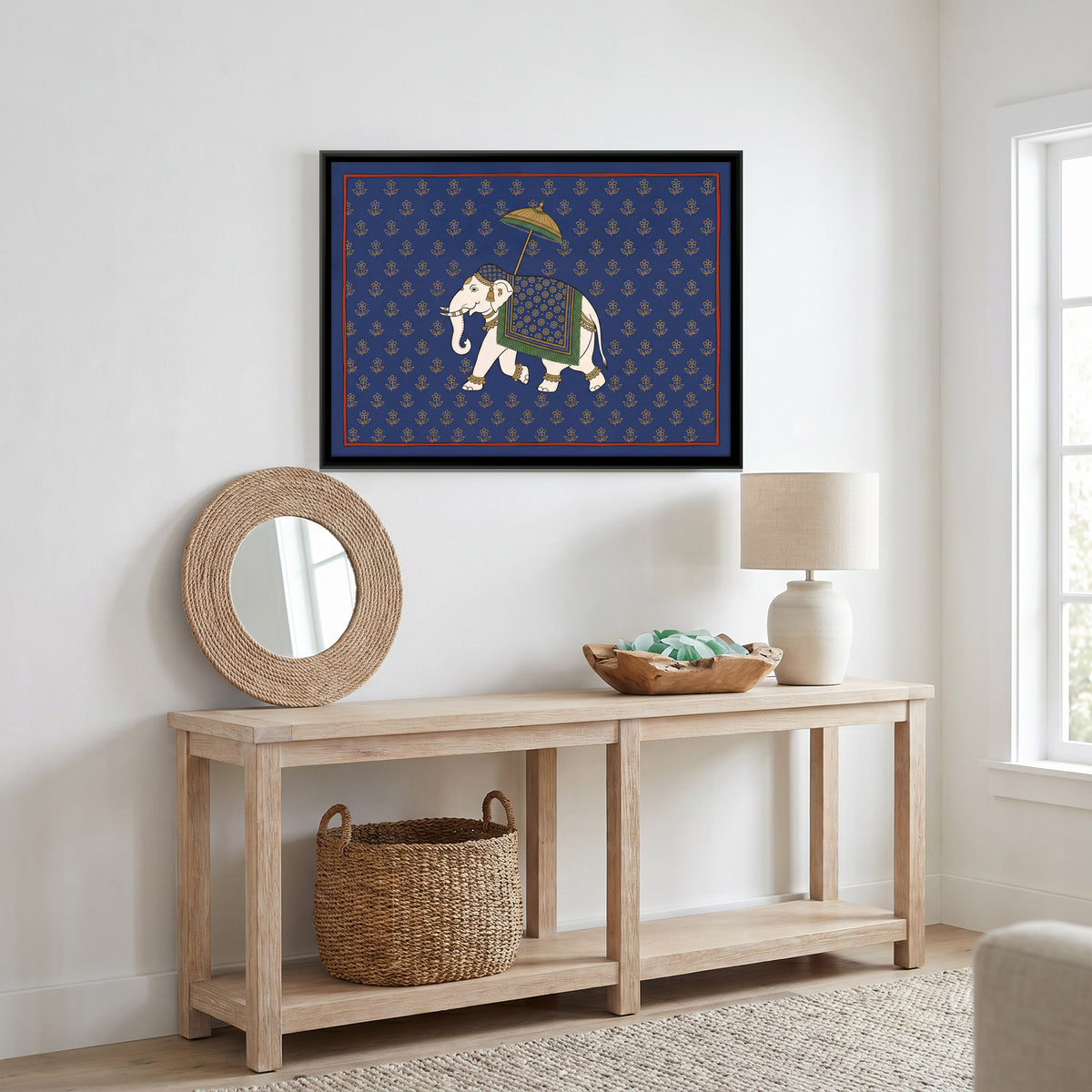 Elephant Under a Parasol - canvas art shown in a second room setting