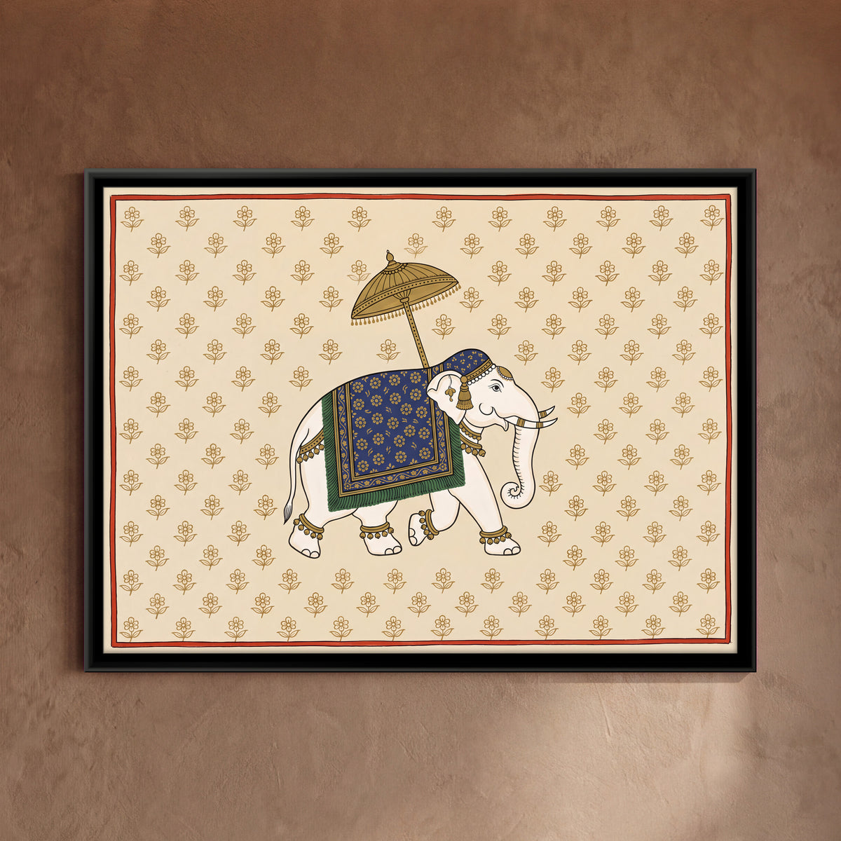 Elephant Under a Parasol - framed canvas art hung on a wall