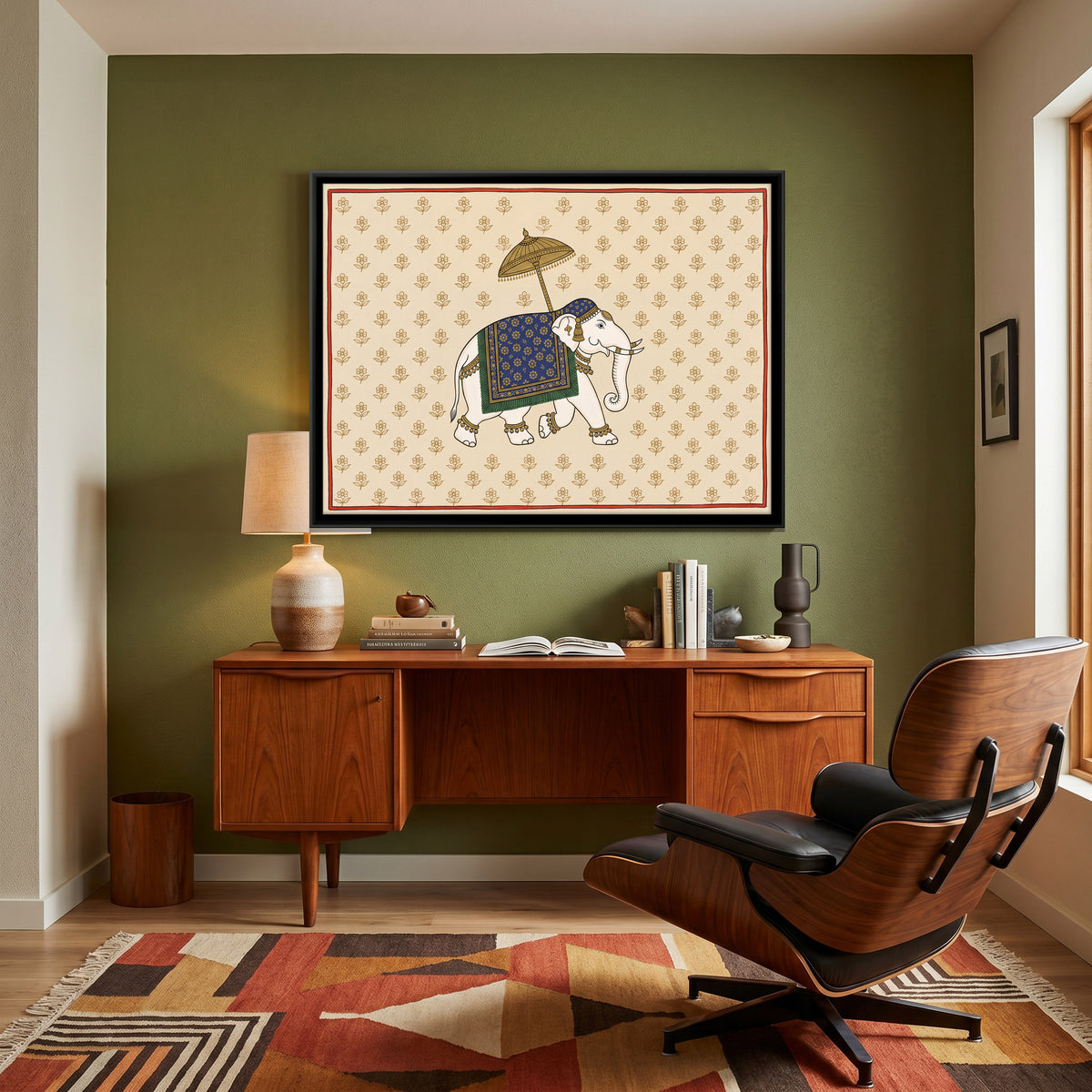 Elephant Under a Parasol - canvas art shown in a styled room