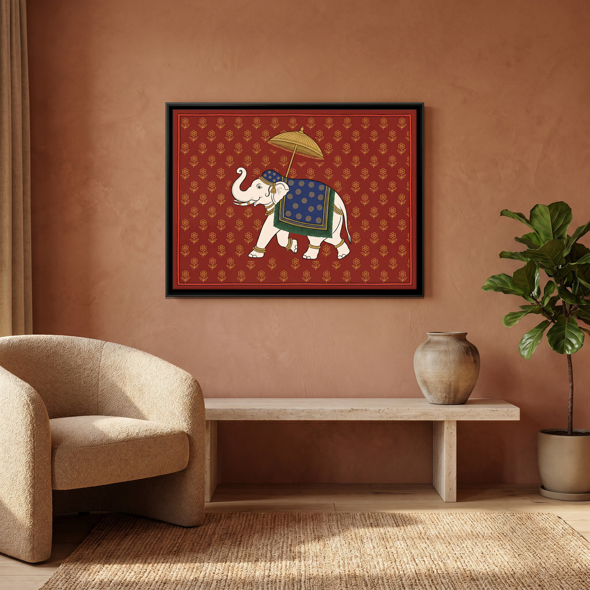 Elephant Under a Parasol - canvas art shown in a second room setting