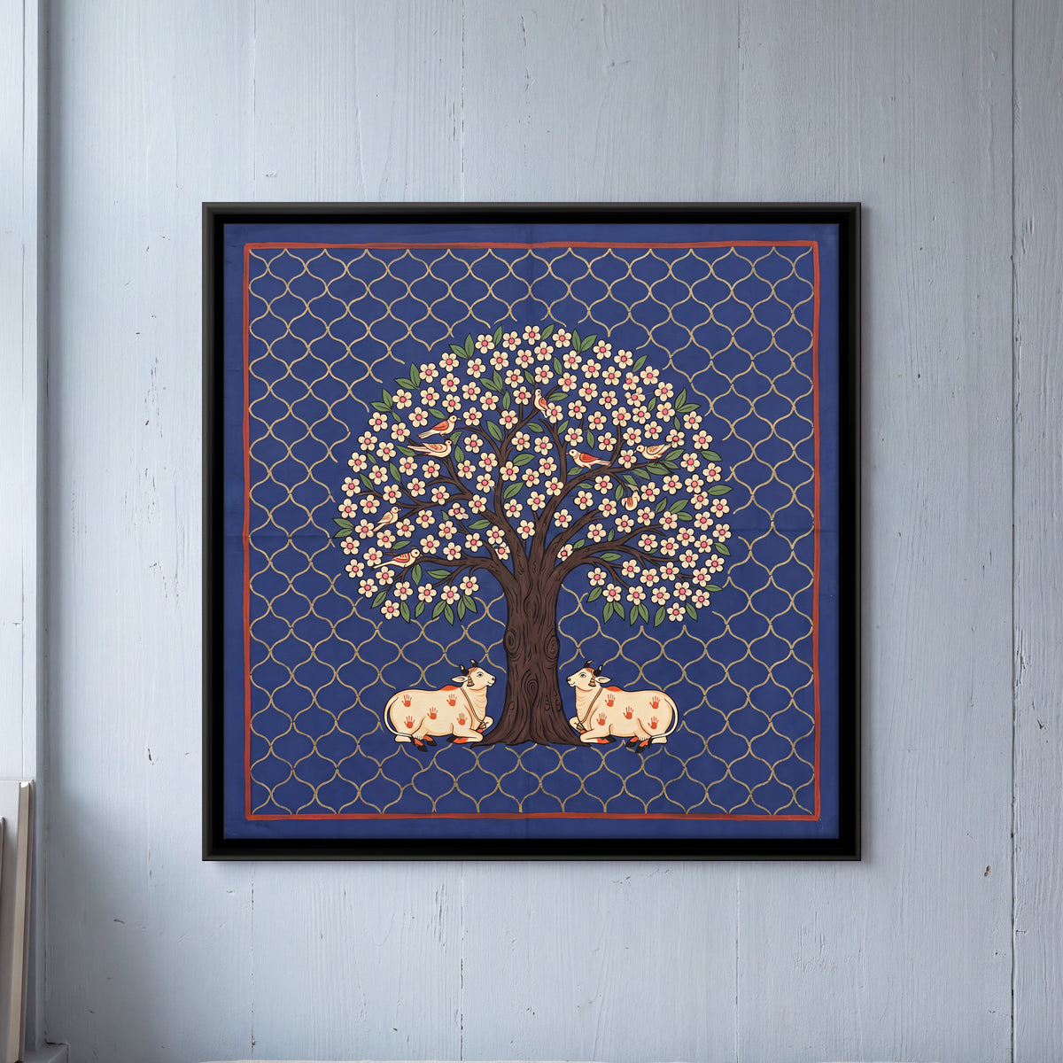Tree of Life with Cows - framed canvas art hung on a wall