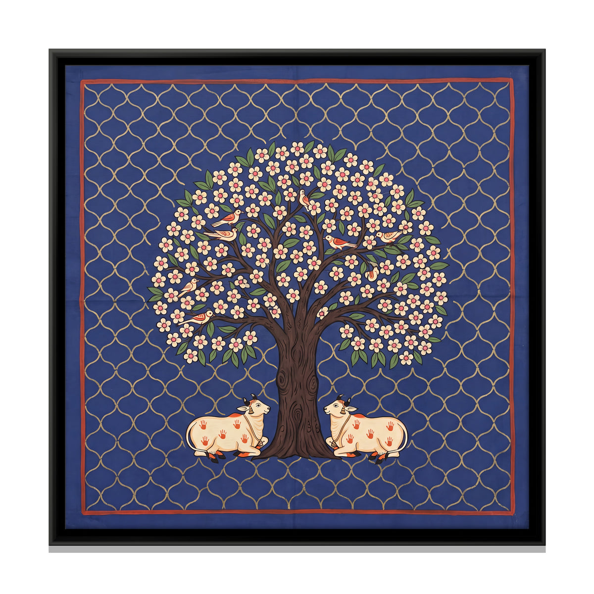 Tree of Life with Cows - framed canvas print, front view