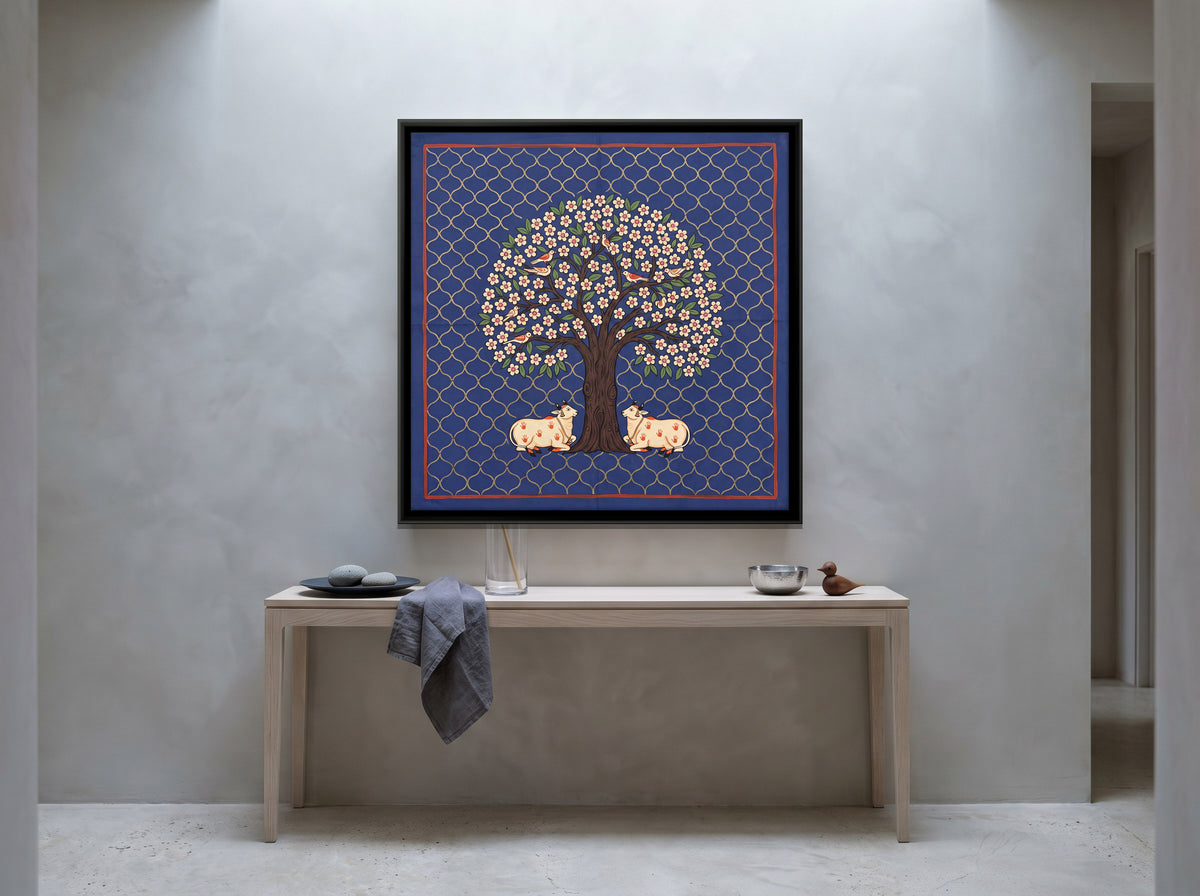 Tree of Life with Cows - canvas art shown in a styled room