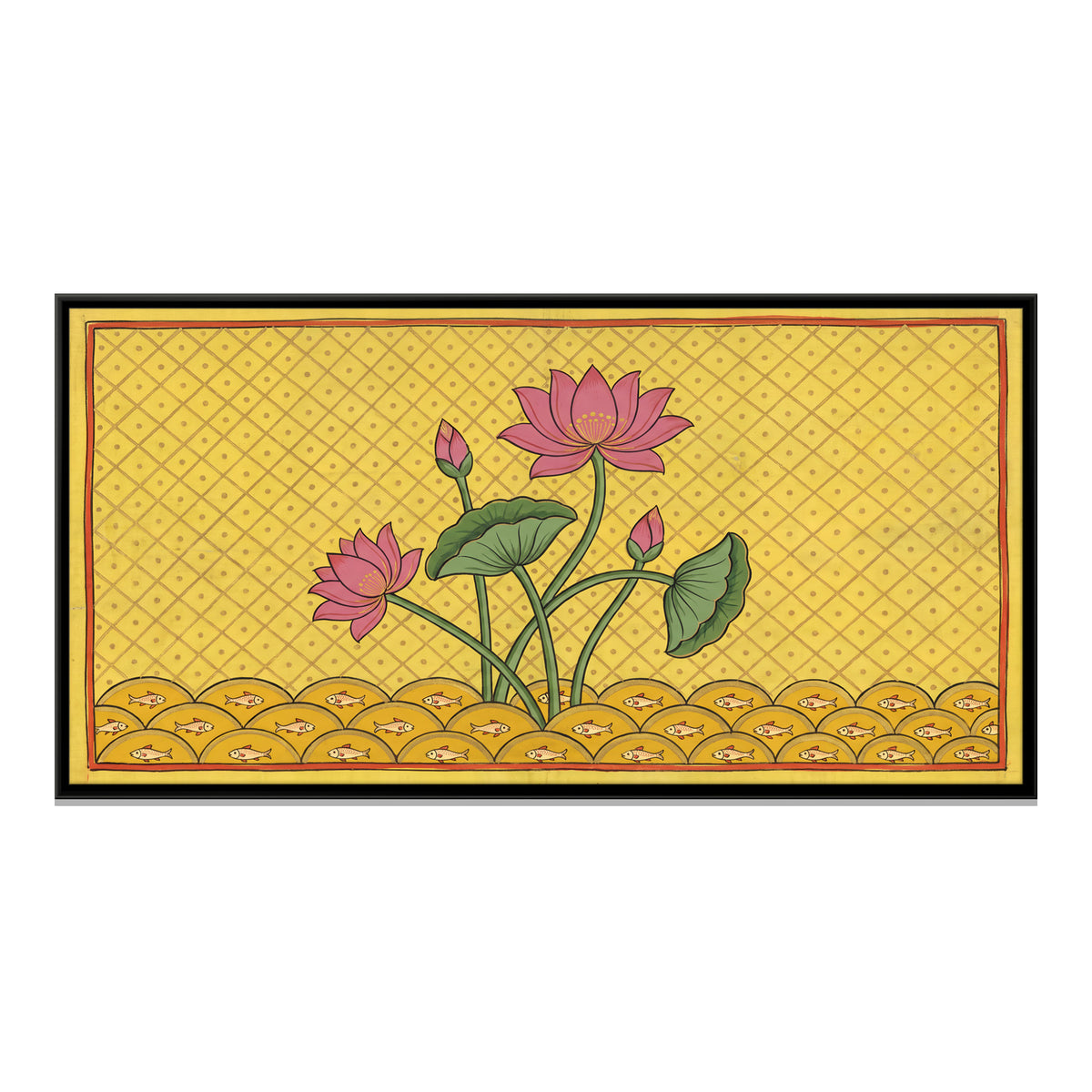 Lotus Pond with Fish - framed canvas print, front view