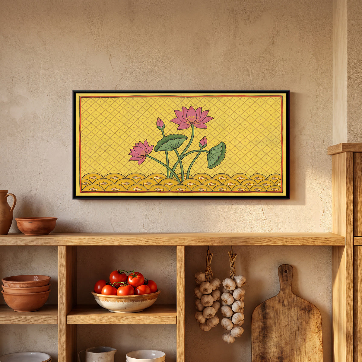 Lotus Pond with Fish - canvas art shown in a second room setting