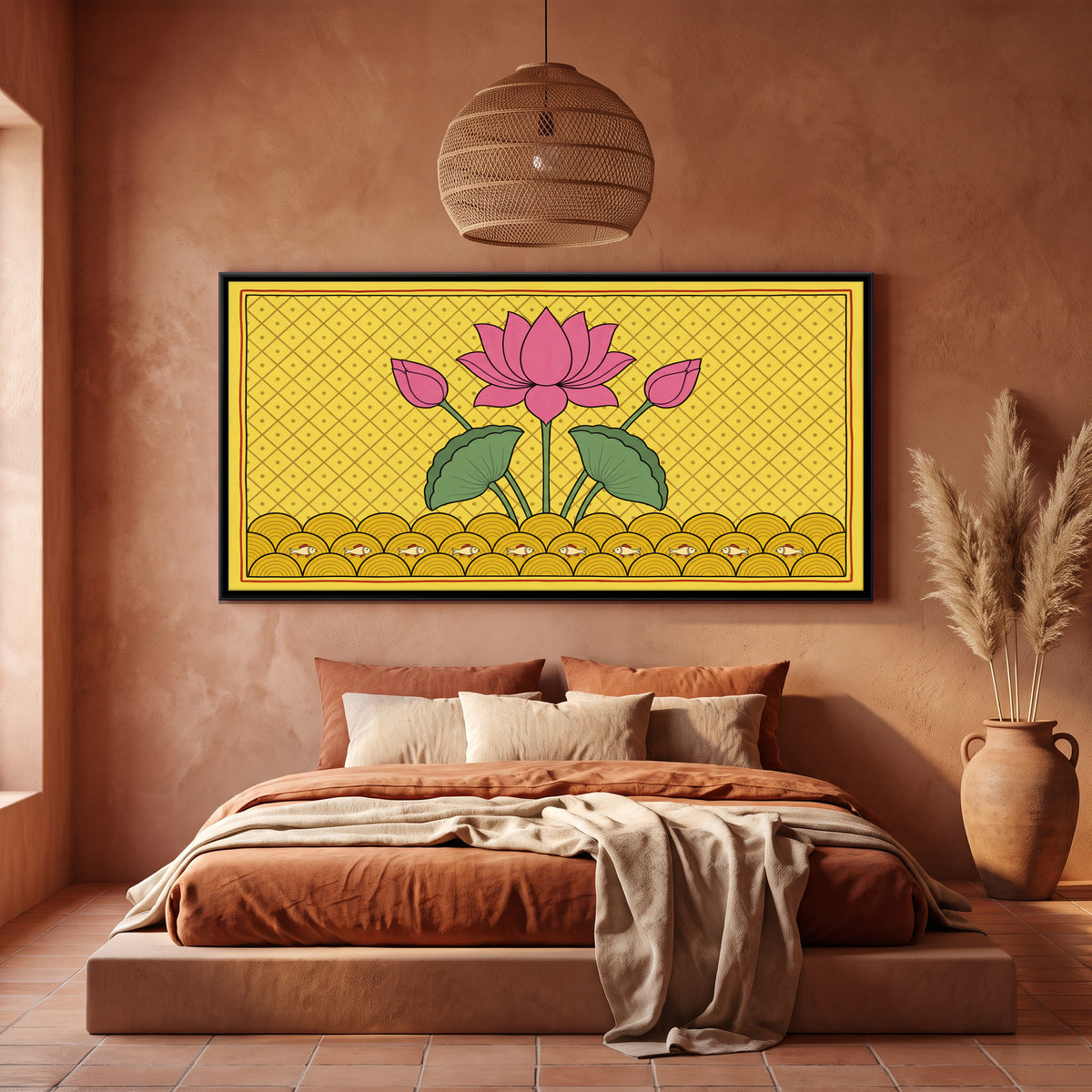 Lotus in Bloom - canvas art shown in a styled room