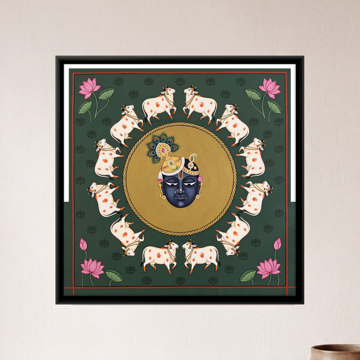 Shrinathji Encircled by Cows - framed canvas art hung on a wall