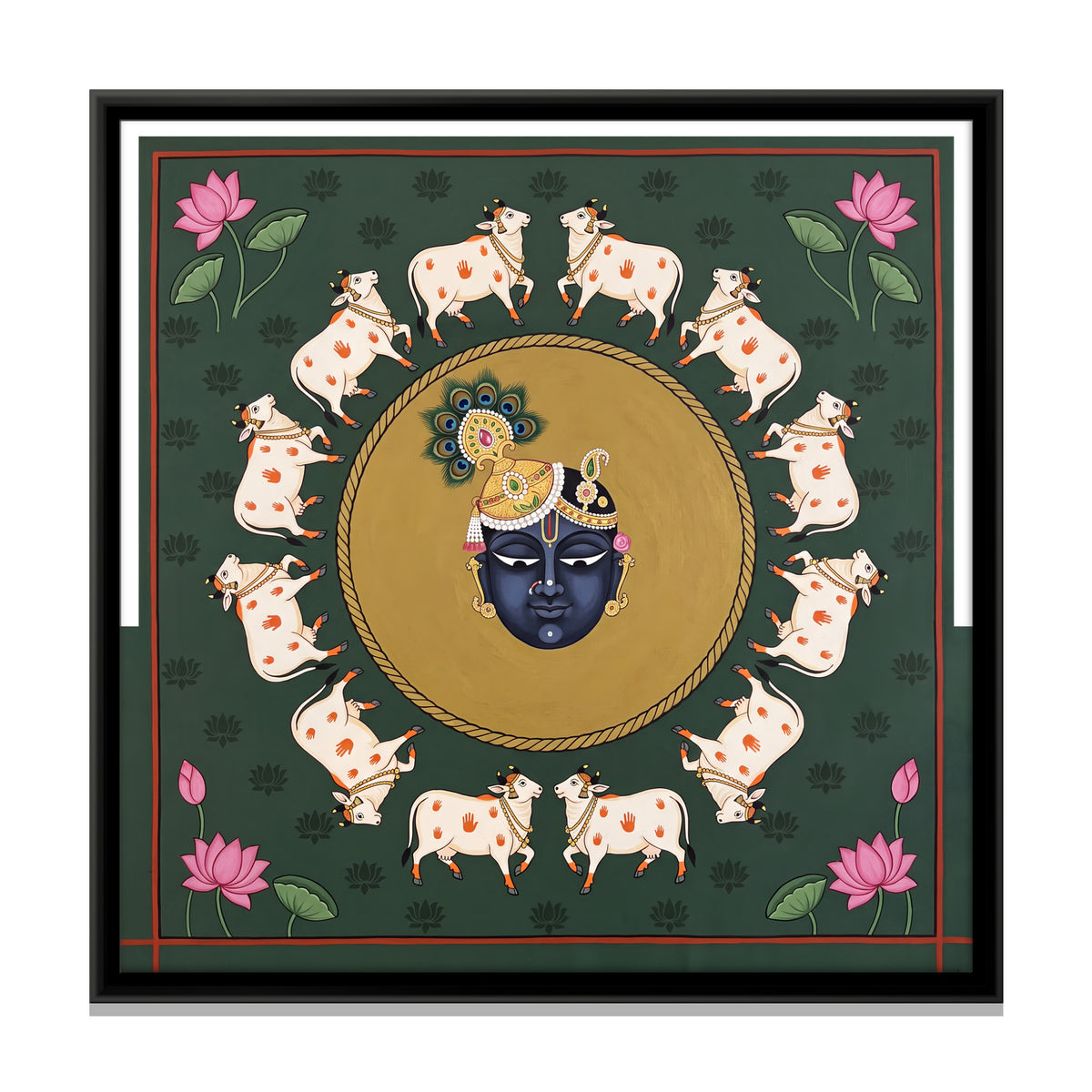 Shrinathji Encircled by Cows - framed canvas print, front view