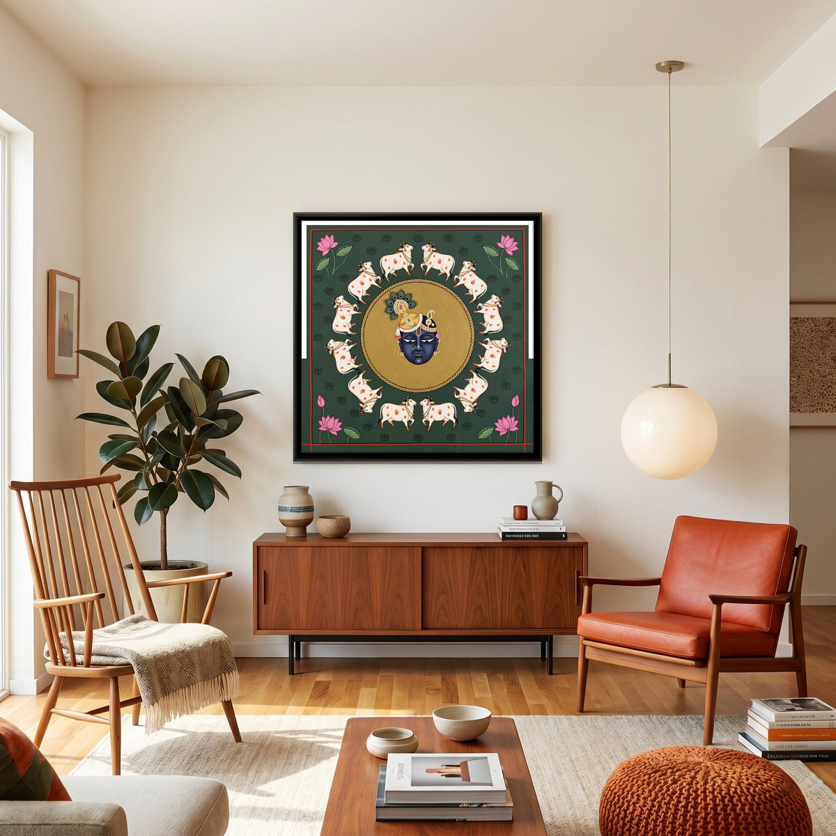 Shrinathji Encircled by Cows - canvas art shown in a styled room