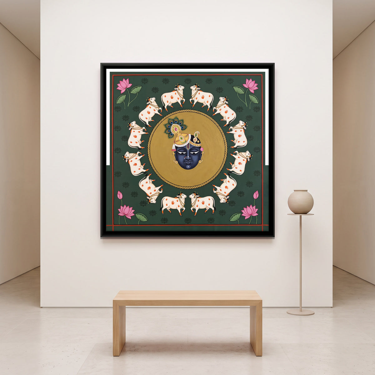 Shrinathji Encircled by Cows - canvas art shown in a second room setting