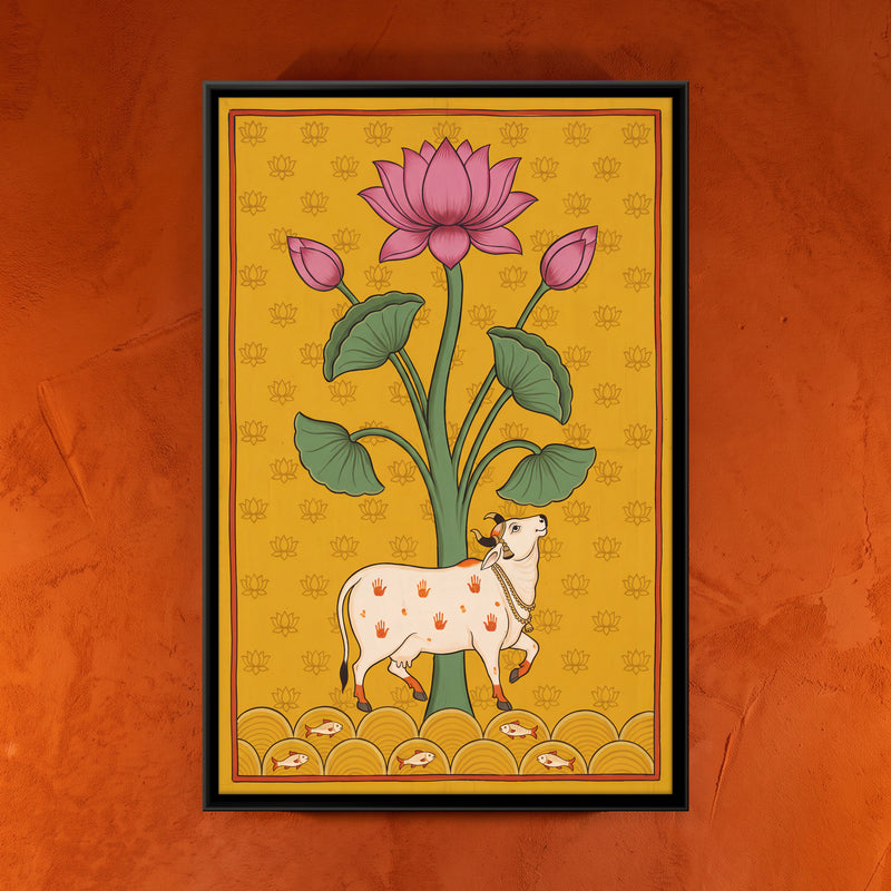 Cow Beneath a Lotus Tree - framed canvas art hung on a wall