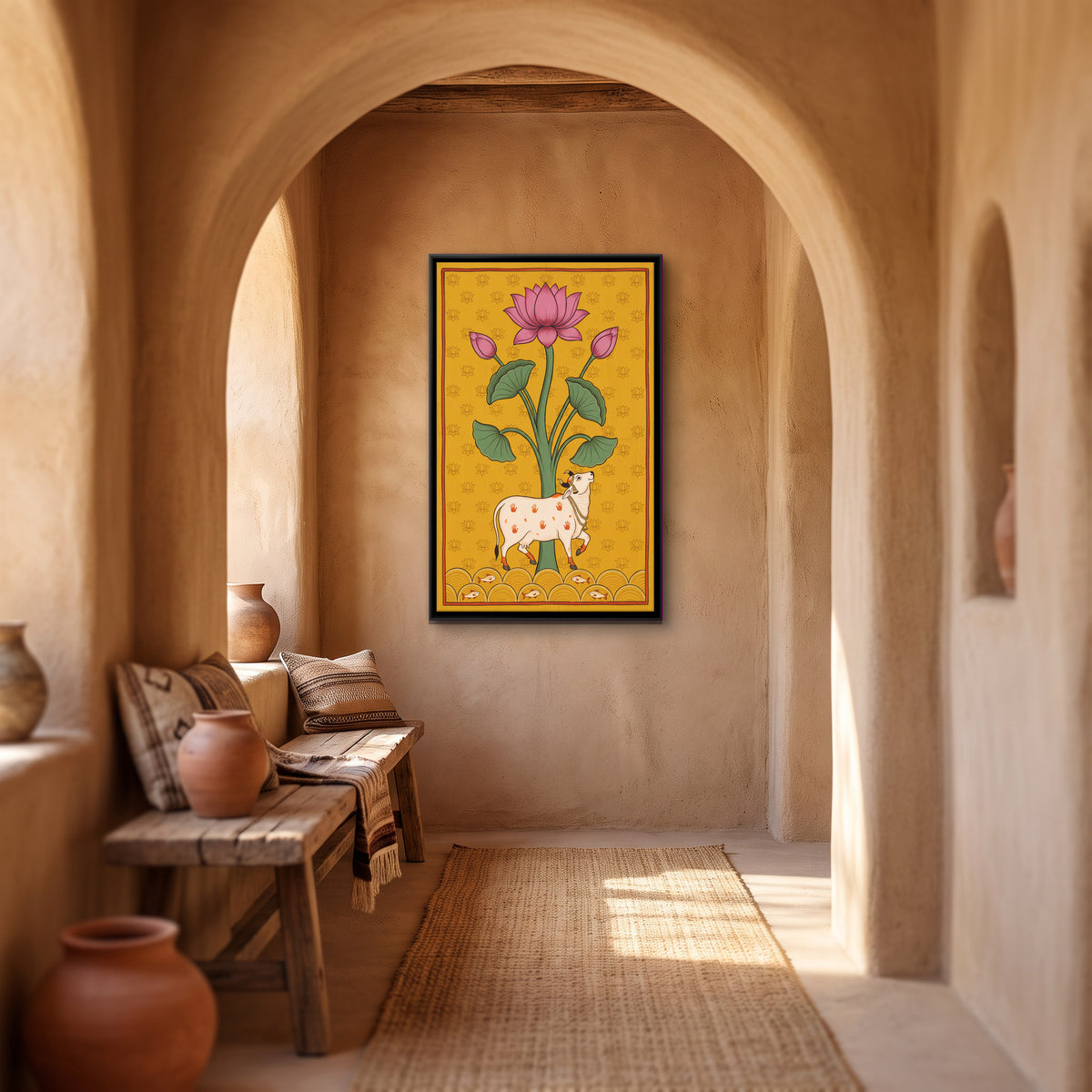 Cow Beneath a Lotus Tree - canvas art shown in a styled room