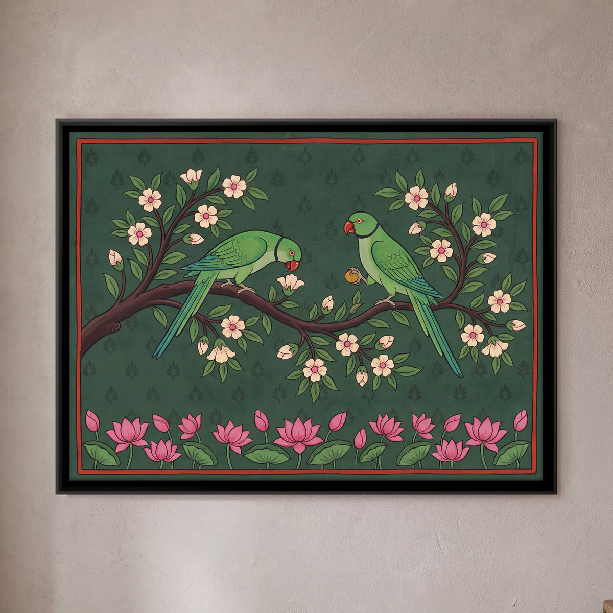 Parrots on a Flowering Branch - framed canvas art hung on a wall