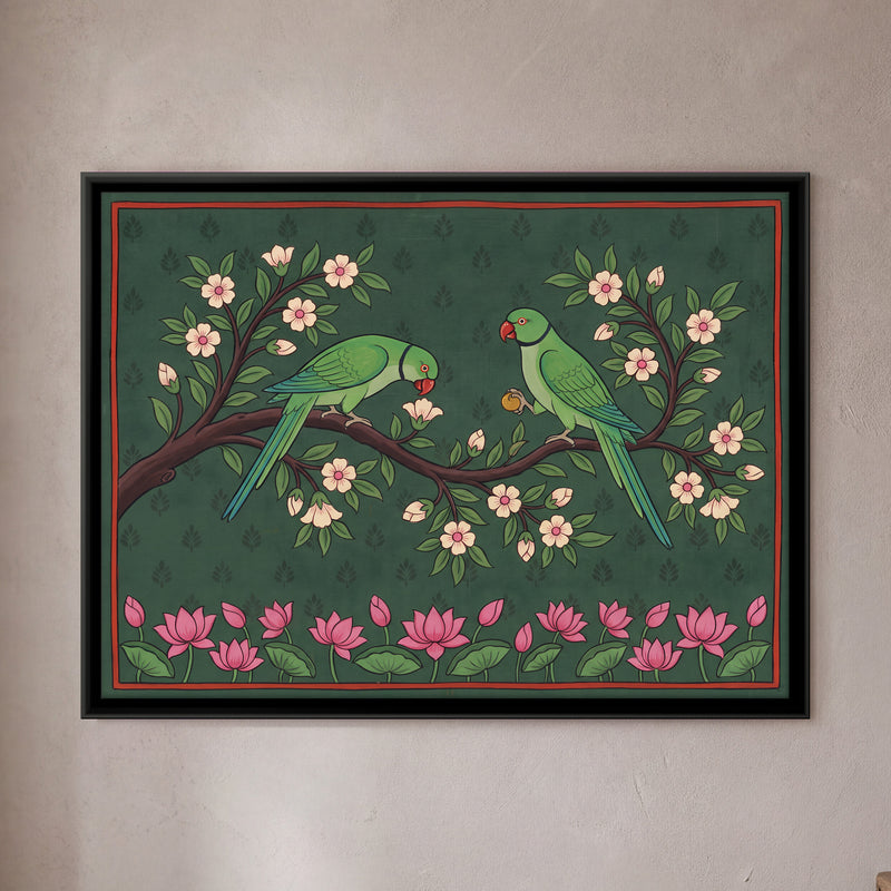 Parrots on a Flowering Branch - framed canvas art hung on a wall