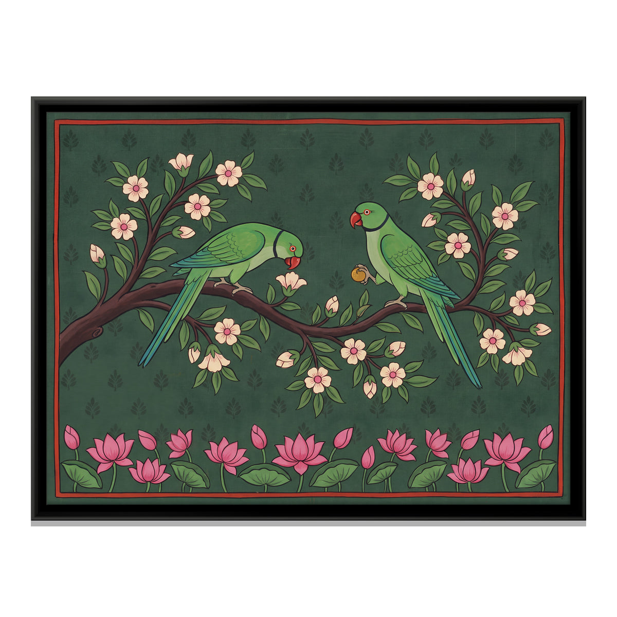 Parrots on a Flowering Branch - framed canvas print, front view