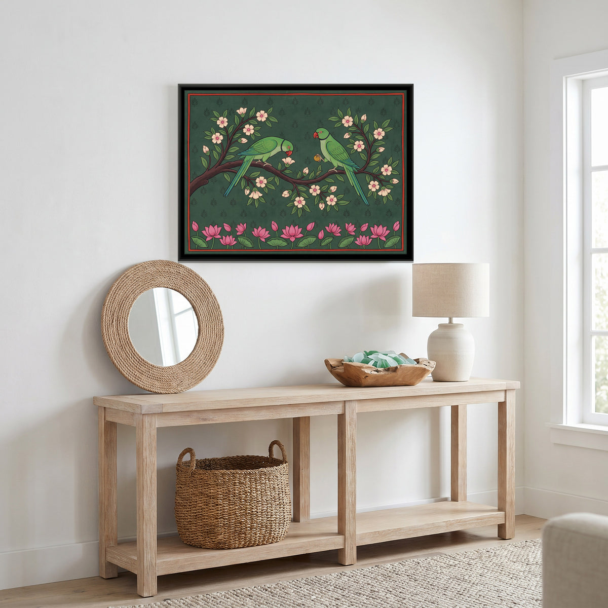 Parrots on a Flowering Branch - canvas art shown in a second room setting