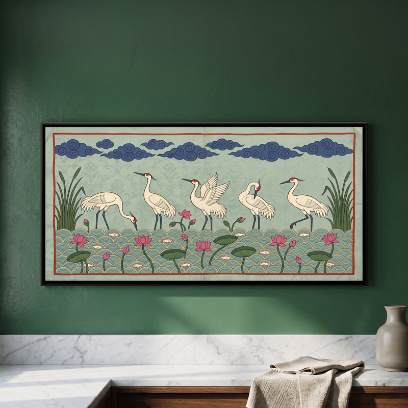 Cranes in a Lotus Pond - framed canvas art hung on a wall