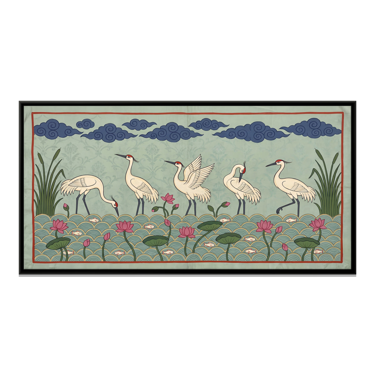 Cranes in a Lotus Pond - framed canvas print, front view
