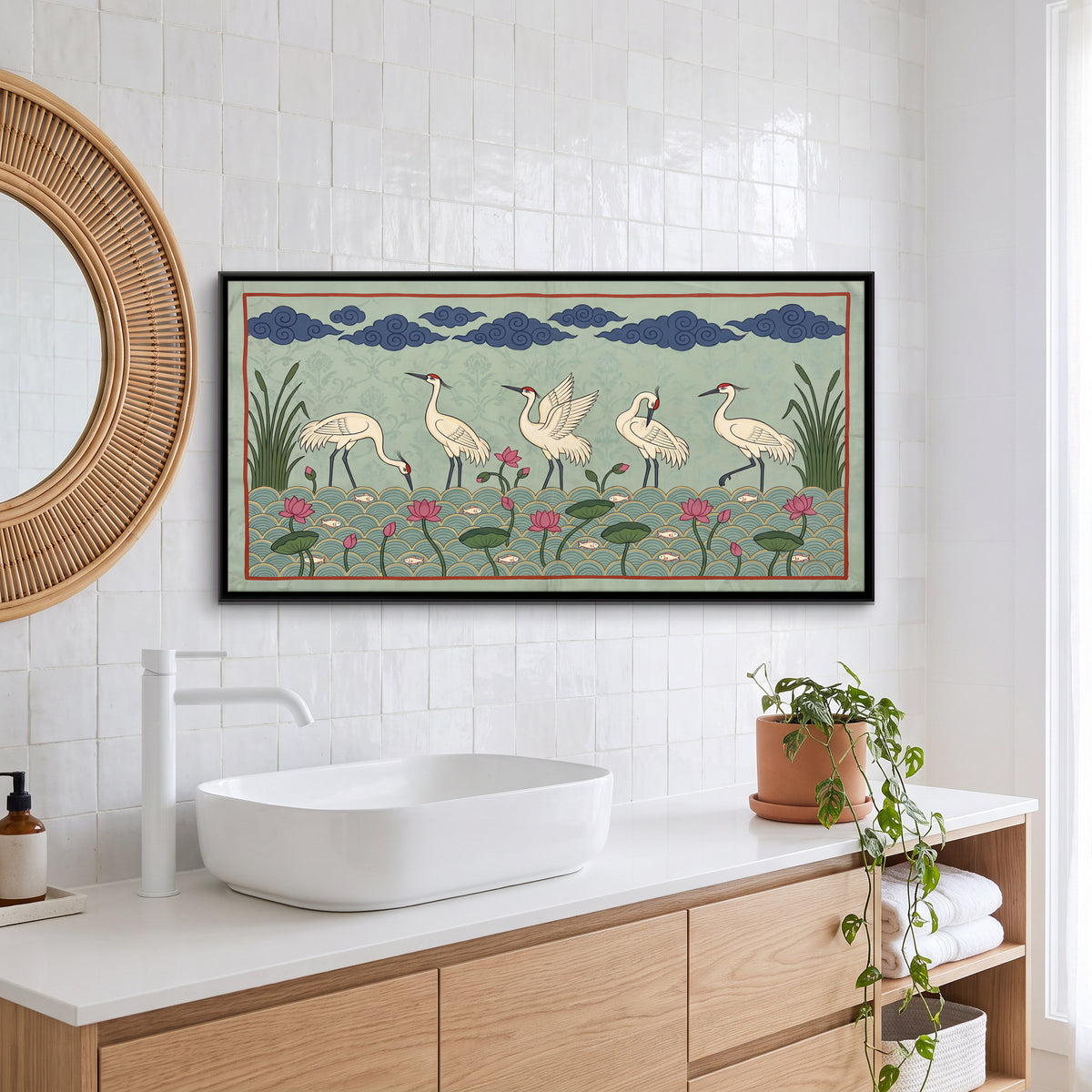 Cranes in a Lotus Pond - canvas art shown in a second room setting