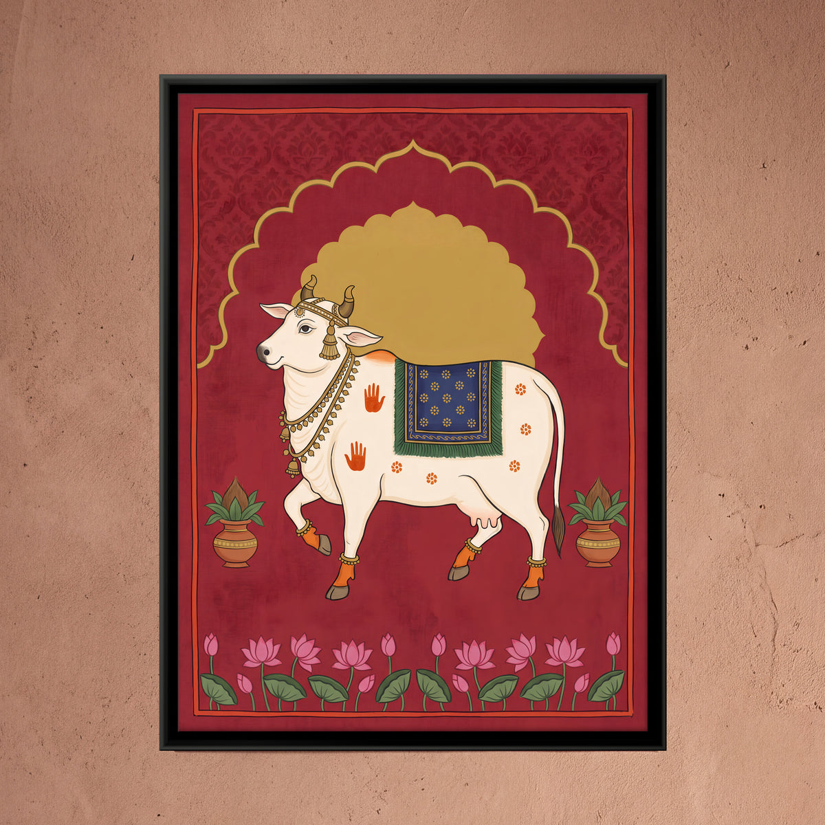 Gau Mata Beneath a Golden Arch - framed canvas art hung on a wall