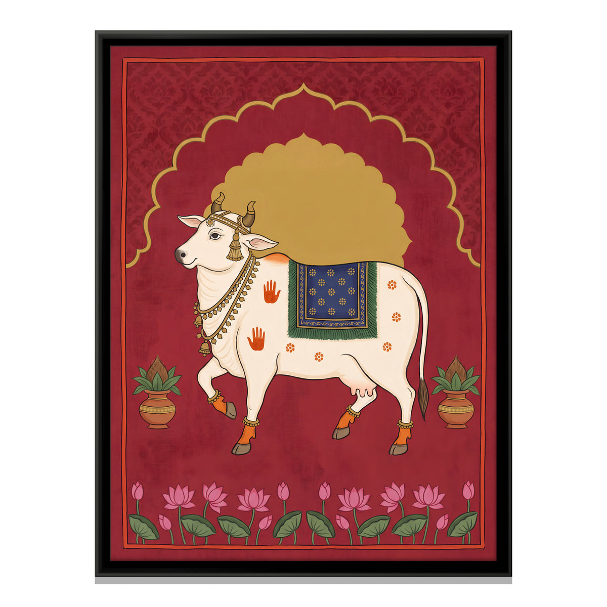 Gau Mata Beneath a Golden Arch - framed canvas print, front view