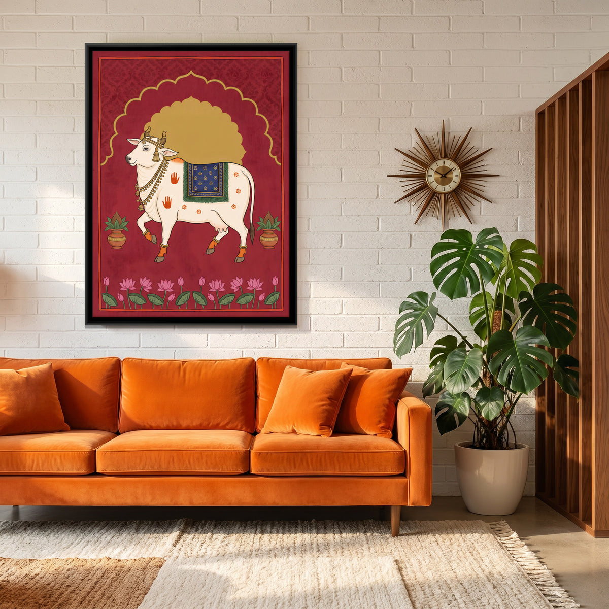 Gau Mata Beneath a Golden Arch - canvas art shown in a styled room