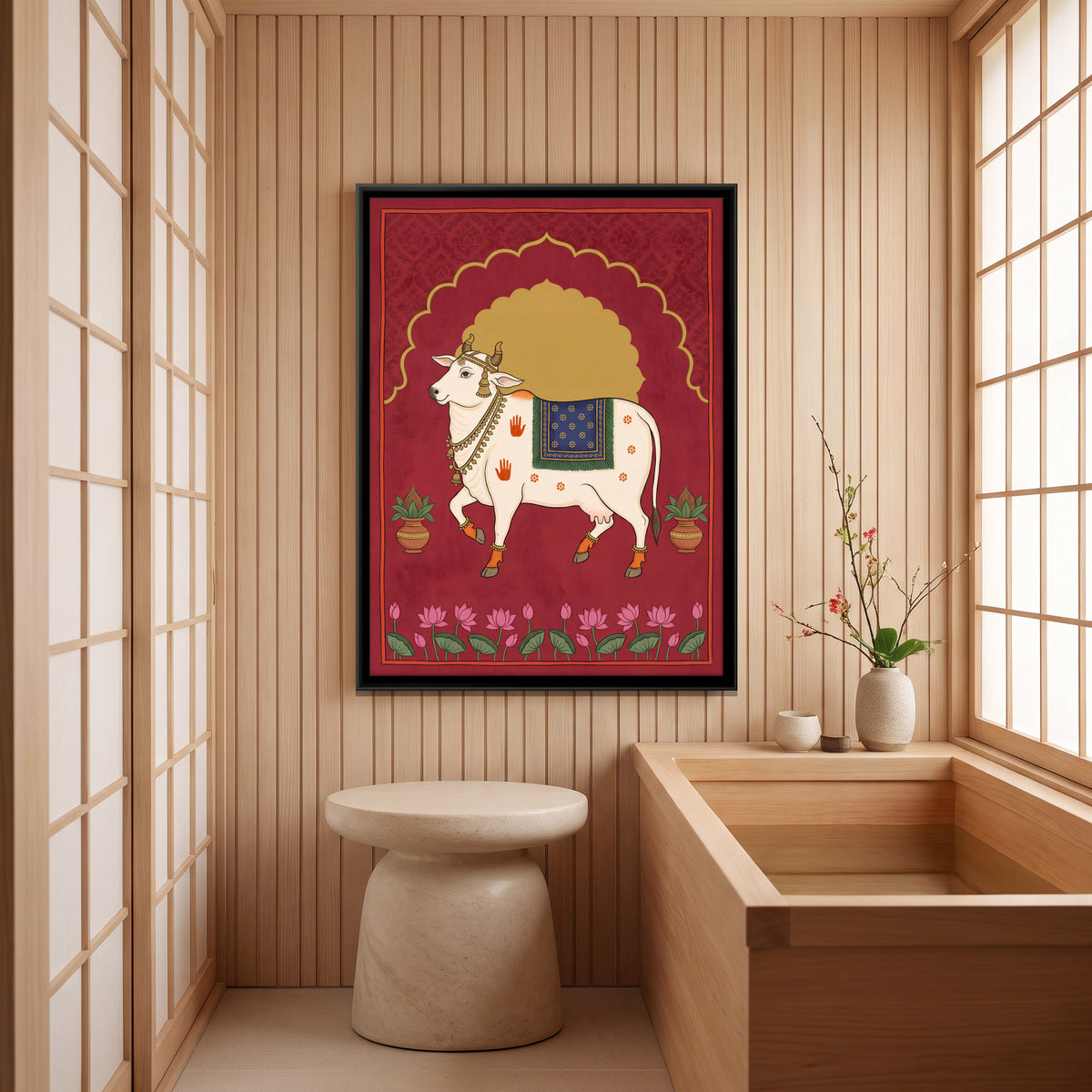 Gau Mata Beneath a Golden Arch - canvas art shown in a second room setting