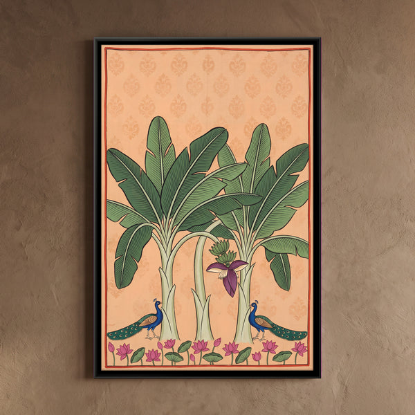 Two Banana Trees with Peacocks at Base