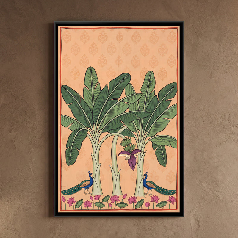 Banana Trees with Peacocks - framed canvas art hung on a wall