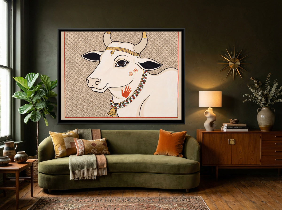 Gau Mata Portrait - canvas art shown in a styled room