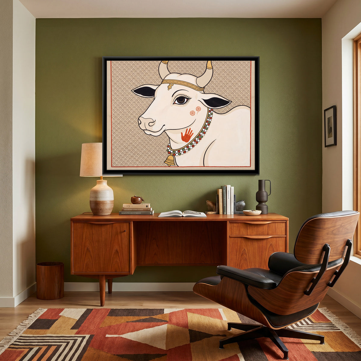 Gau Mata Portrait - canvas art shown in a second room setting