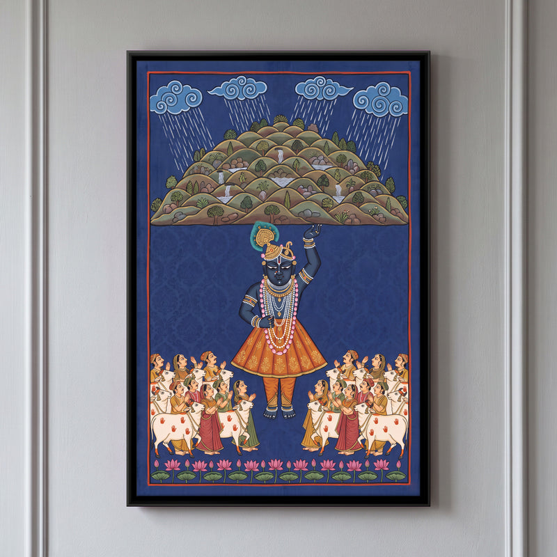 Shrinathji Lifting Govardhan Hill - framed canvas art hung on a wall