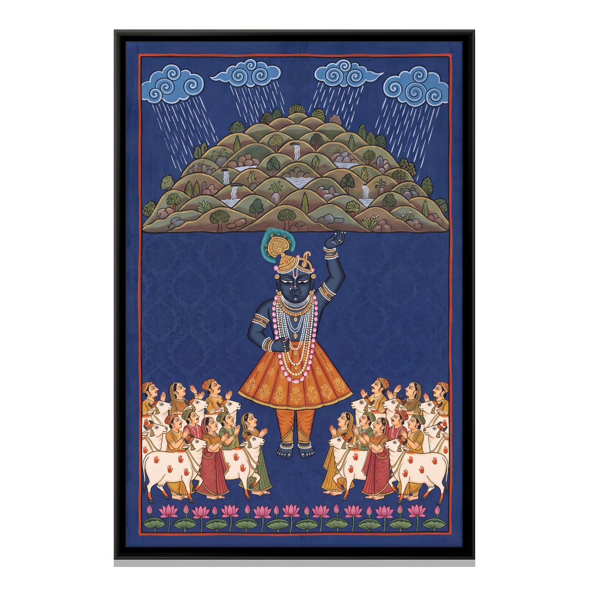 Shrinathji Lifting Govardhan Hill - framed canvas print, front view