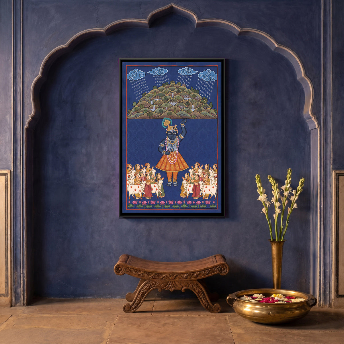 Shrinathji Lifting Govardhan Hill - canvas art shown in a styled room
