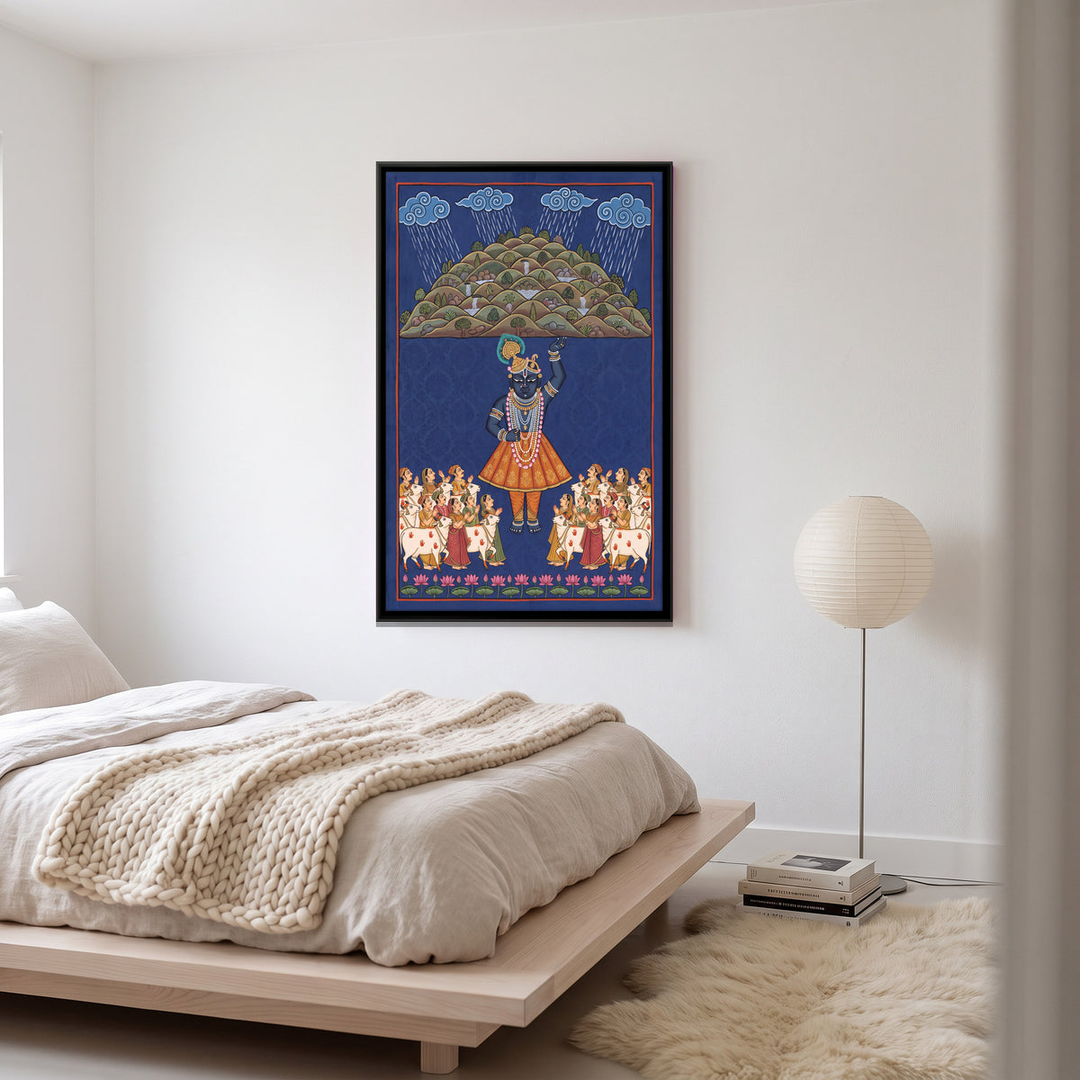 Shrinathji Lifting Govardhan Hill - canvas art shown in a second room setting