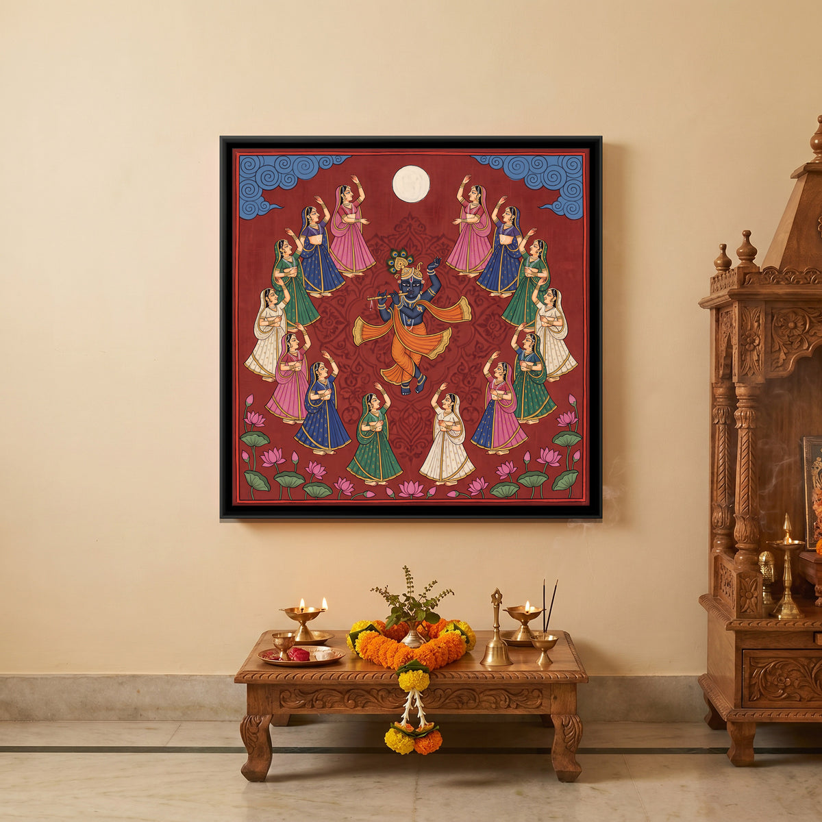 Krishna's Raas Leela - canvas art shown in a styled room