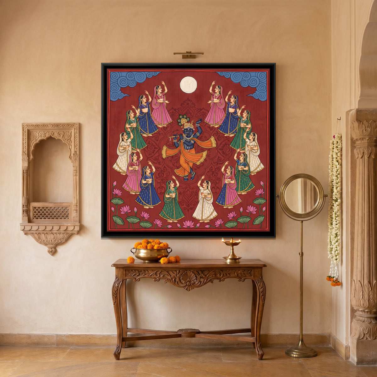 Krishna's Raas Leela - canvas art shown in a second room setting
