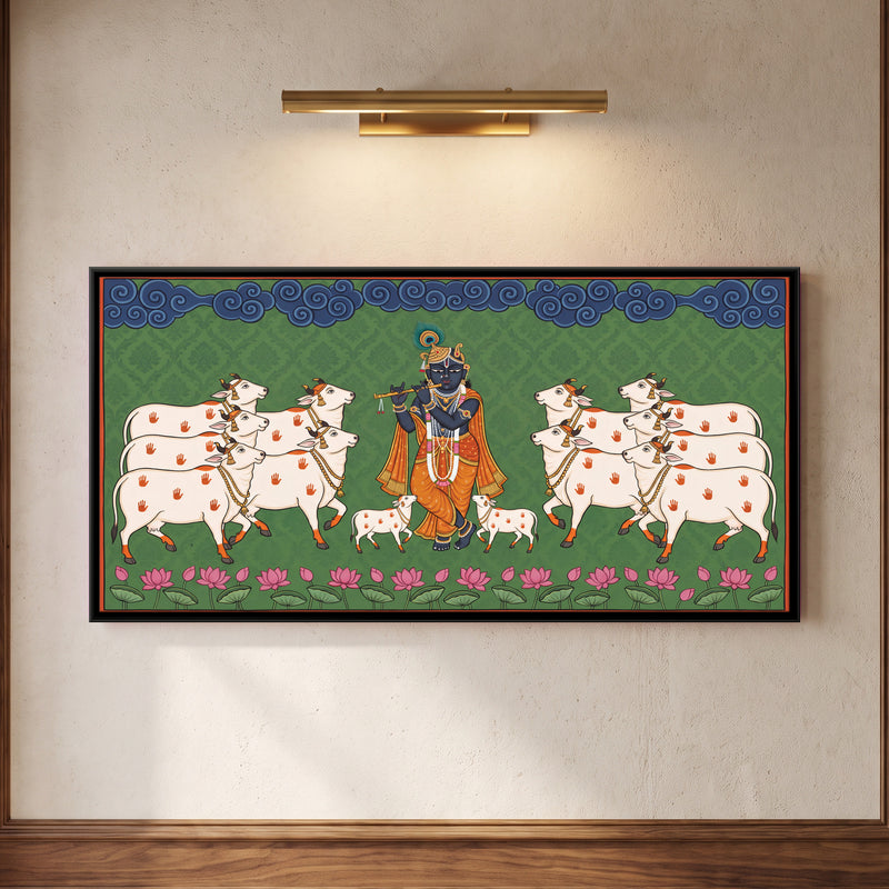 Krishna Playing the Flute with Cows - framed canvas art hung on a wall