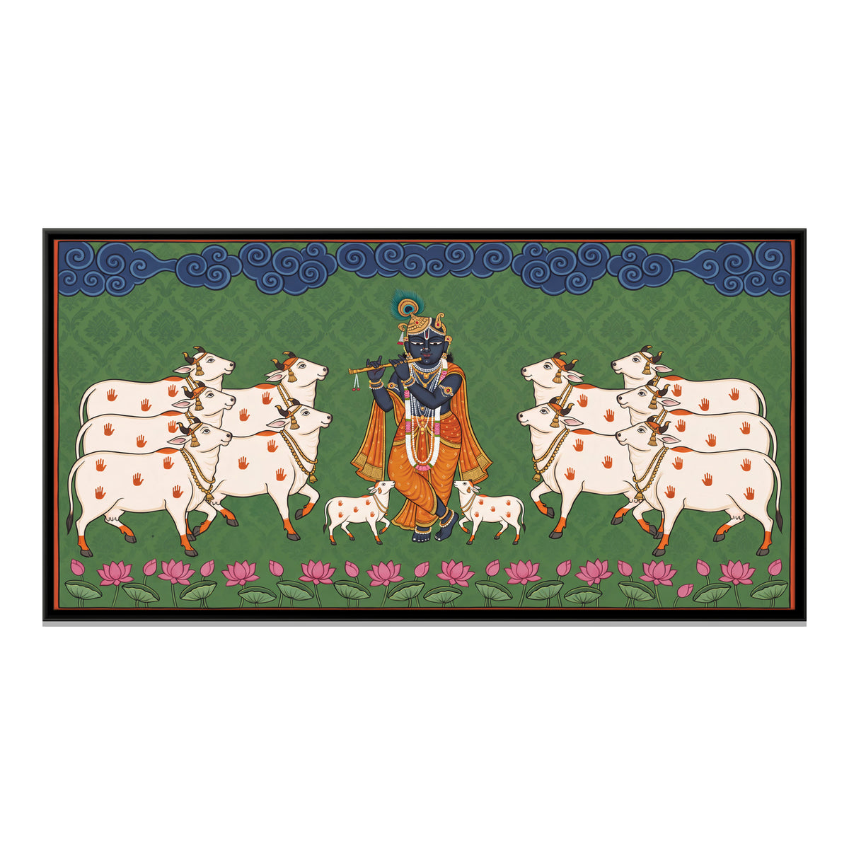 Krishna Playing the Flute with Cows - framed canvas print, front view