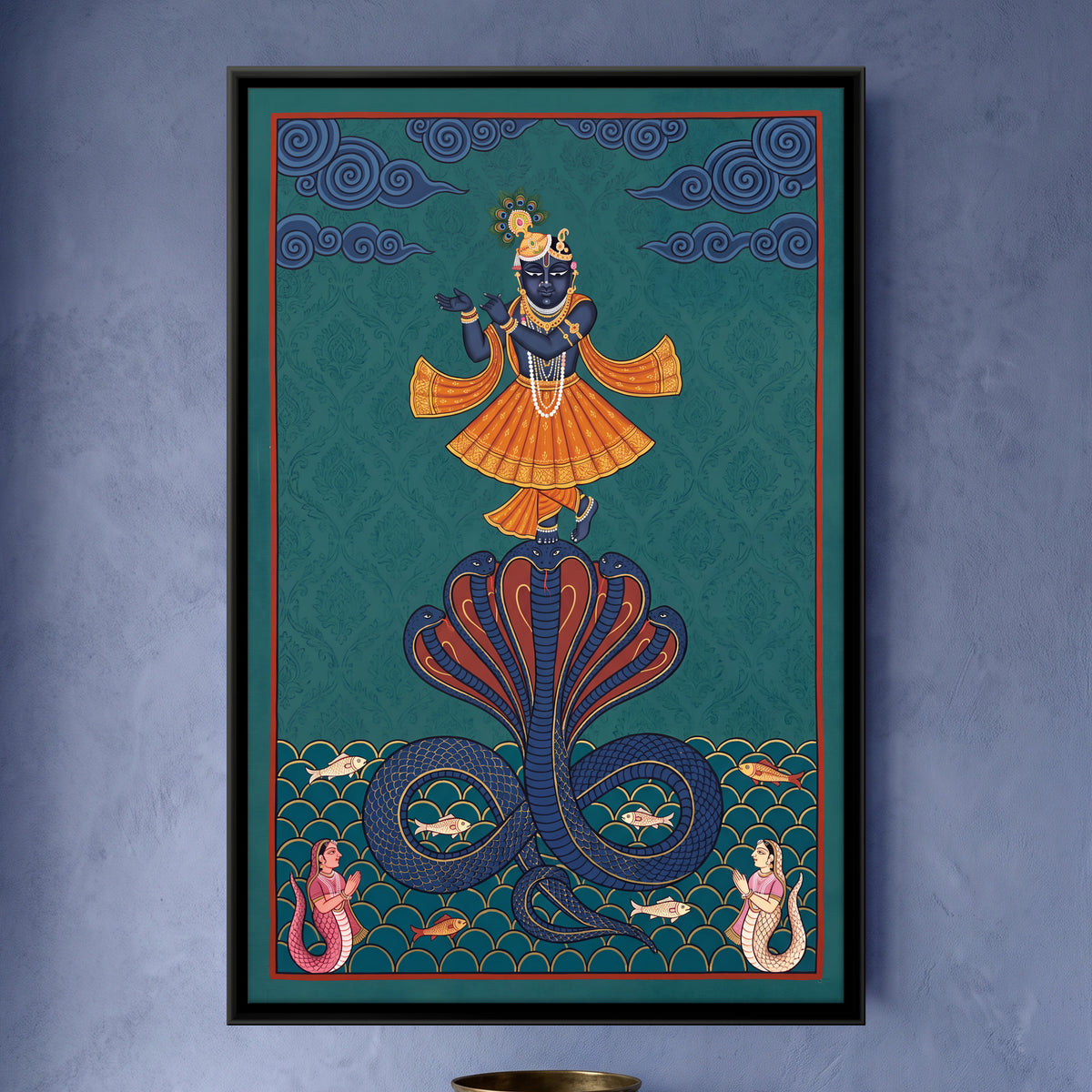 Krishna Dancing on the Serpent Kaliya - framed canvas art hung on a wall