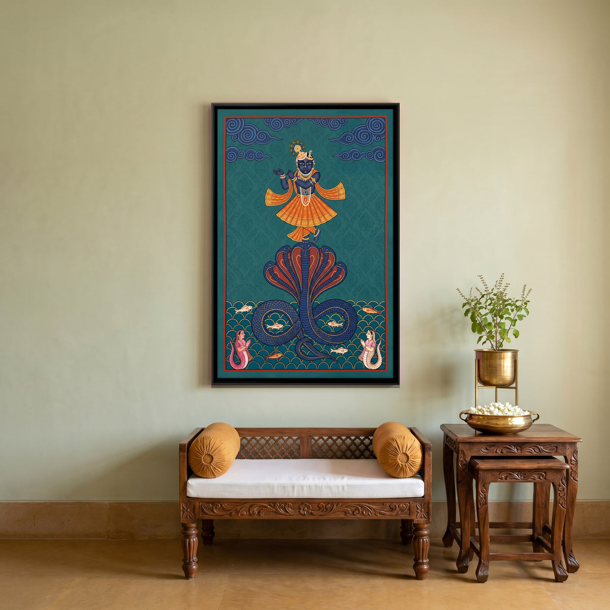 Krishna Dancing on the Serpent Kaliya - canvas art shown in a second room setting