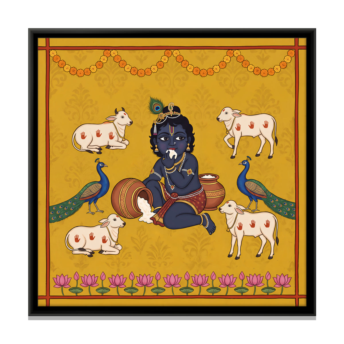 Bal Krishna with Butter and Cows - framed canvas print, front view