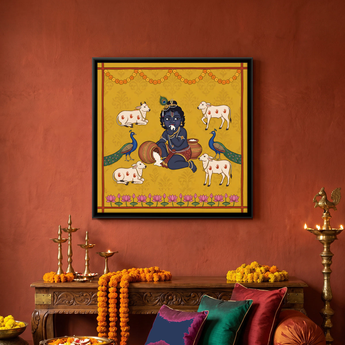 Bal Krishna with Butter and Cows - canvas art shown in a styled room
