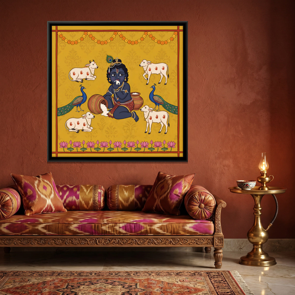 Bal Krishna with Butter and Cows - canvas art shown in a second room setting