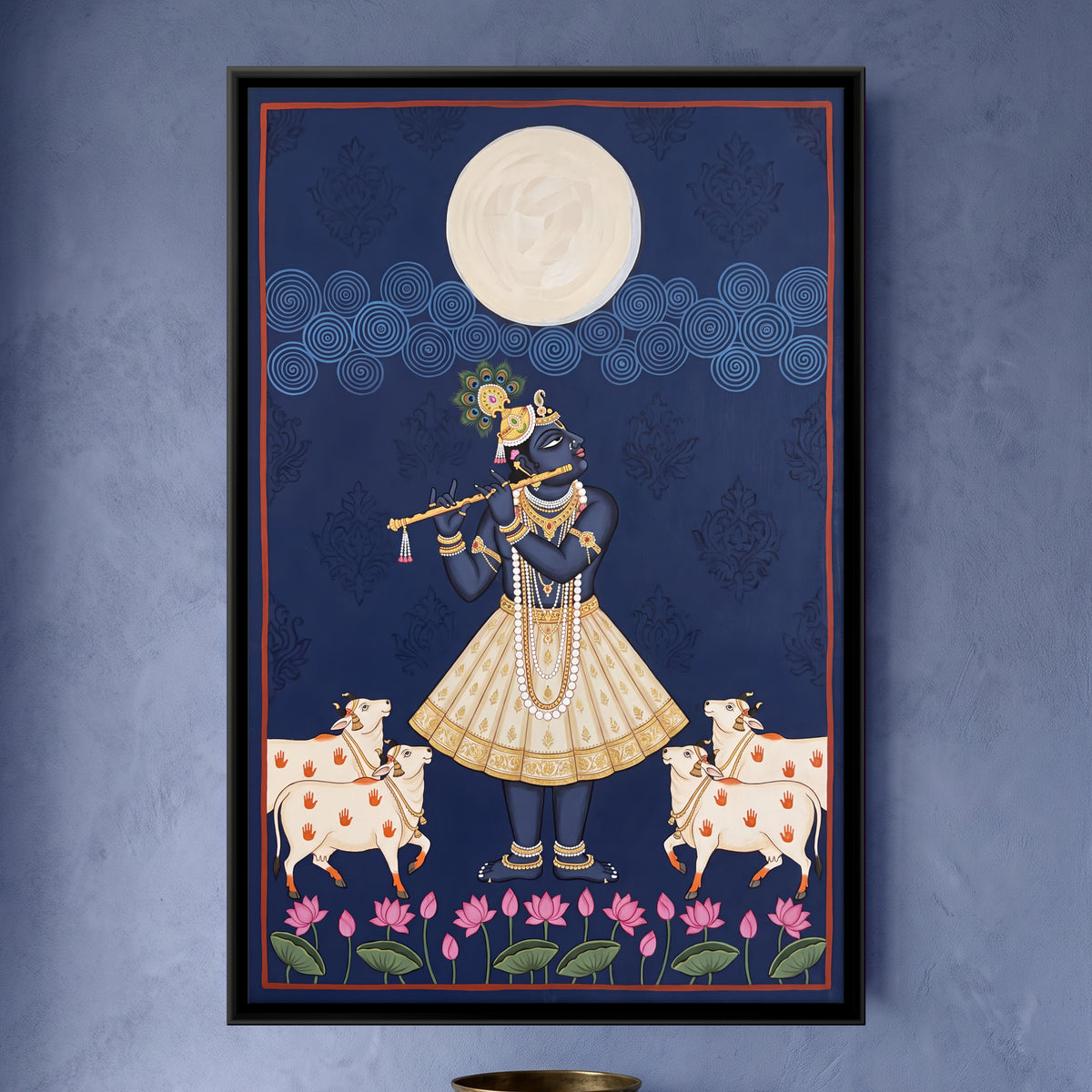 Krishna Playing the Flute by Moonlight - framed canvas art hung on a wall